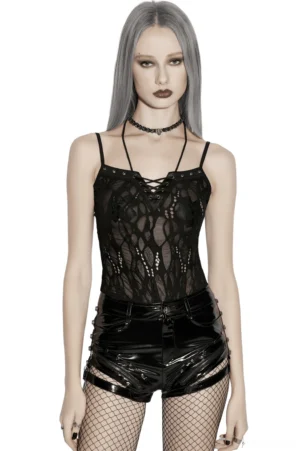 Black gothic lace-up camisole front view on model with grey long hair, styled with patent leather shorts and fishnet tights for complete alternative outfit