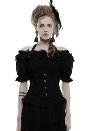 Black gothic corset with feather accents and lace-up back, front view on model with styled vintage hair