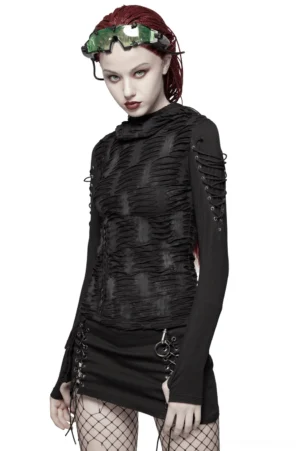Black lace-up gothic hoodie front three-quarter view worn by model with distressed sleeve details and attached hood