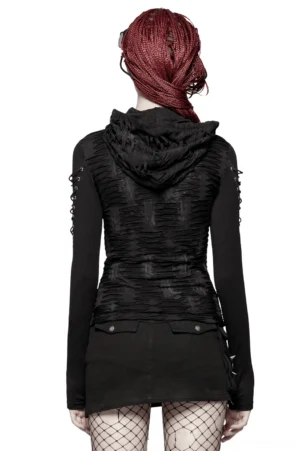Black gothic lace-up hoodie rear full view showing fitted silhouette and attached hood from back