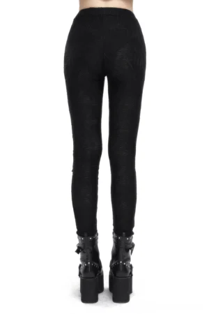 Gothic black lace-up leggings rear view displaying high-waisted silhouette and thigh lace details