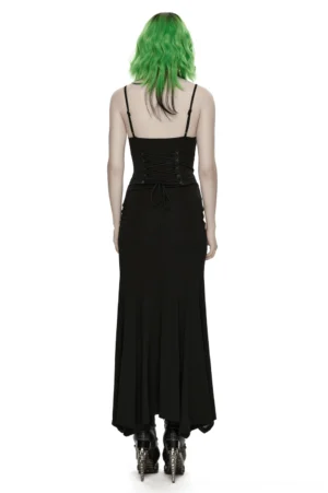 Black gothic mermaid dress back view showing lace-up corset closure and spaghetti straps