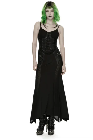 Black lace-up mermaid fishnet maxi dress front view on model with corset bodice and fishtail hem