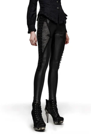 Black lace-up mesh gothic skinny leggings full-body front view on model