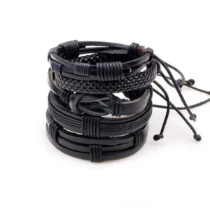 Black leather bracelet set of 5 with woven rope and knotted designs, flat lay top-down view showing geometric patterns and adjustable drawstrings