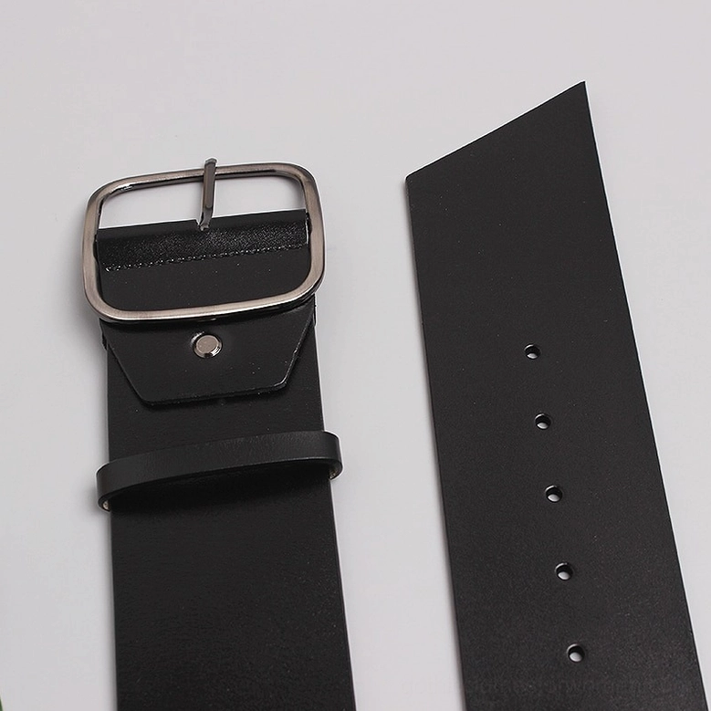 Separated genuine leather belt strap and gunmetal square buckle with keeper loop on white background
