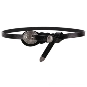 Black genuine leather slim belt with hand-carved silver buckle, vintage gothic style, embossed texture detail