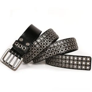 Black studded leather gothic belt flat lay showing single-prong silver buckle and symmetrical square grommet pattern