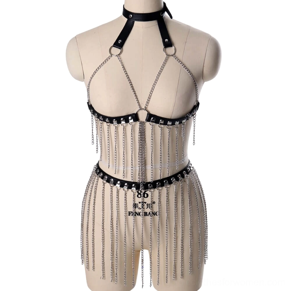 Black leather body harness with silver chain tassels front view, featuring halter neck collar and adjustable buckles on dress form mannequin