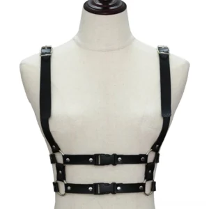 Black gothic leather body harness on dress form mannequin, full front product display with dual waist straps and silver hardware