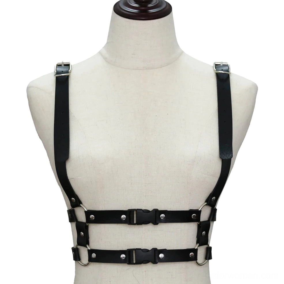 Black gothic leather body harness on dress form mannequin, full front product display with dual waist straps and silver hardware