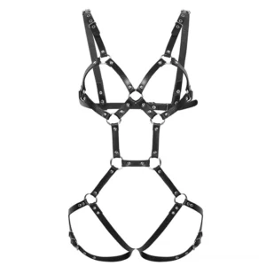 Black leather body harness front view with hollow crisscross straps and metal hardware