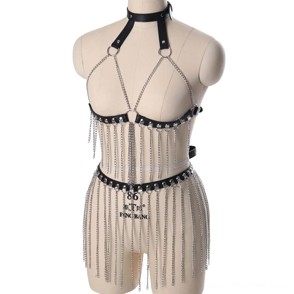 Front view of black leather body harness showing adjustable side buckle and silver chain tassel decorations
