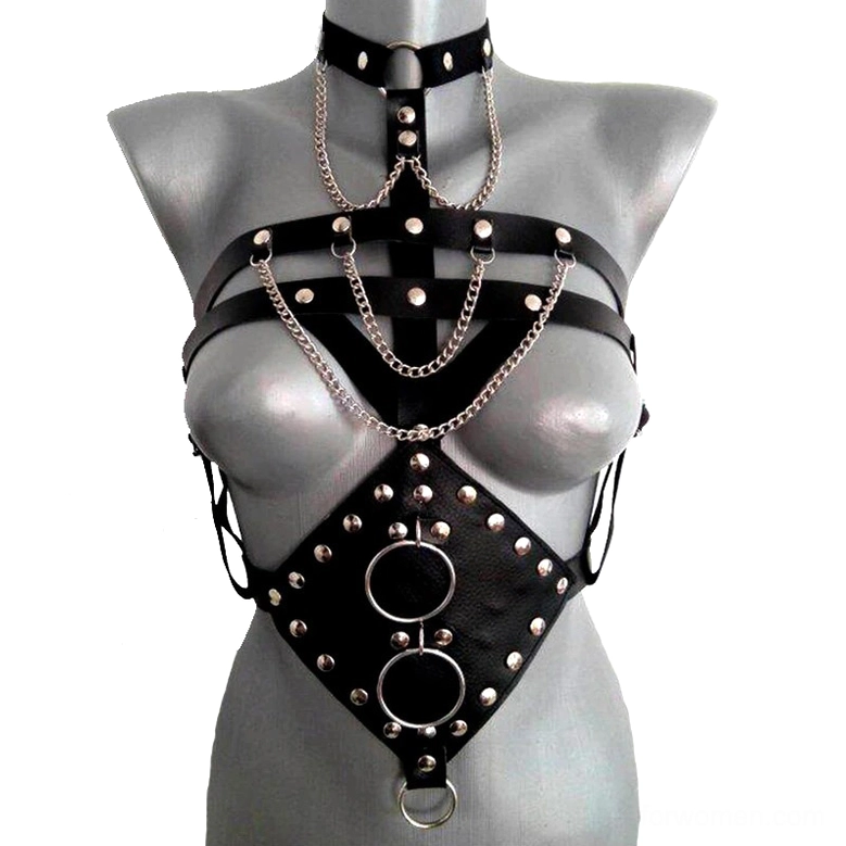 Black leather body harness for women front view with studded rivets, metal chains, and dual O-rings on gray mannequin