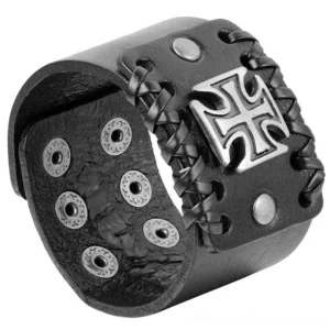 Black leather Celtic cross cuff bracelet - close-up front view showing silver cross detail and woven leather edges