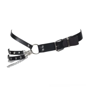 Black leather dual-strap chain waist belt, flat lay front view showing adjustable buckle and dangling chain detail with silver hardware