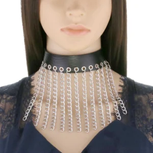 Black leather chain tassel choker gothic punk collar necklace with silver hanging chains on mannequin close-up