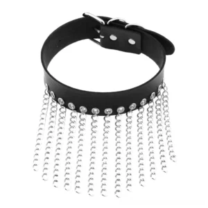 Black leather choker with dual silver chain tassels and adjustable buckles flat lay studio shot
