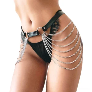 Black leather chain waist harness belt worn by model, front close-up showing layered silver chain drapes over black PU leather band