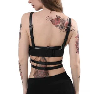 Back view of black leather body harness showing adjustable dual waist buckles and open back design