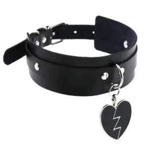 Black double-layer leather choker with adjustable buckle and lightning bolt fractured heart pendant