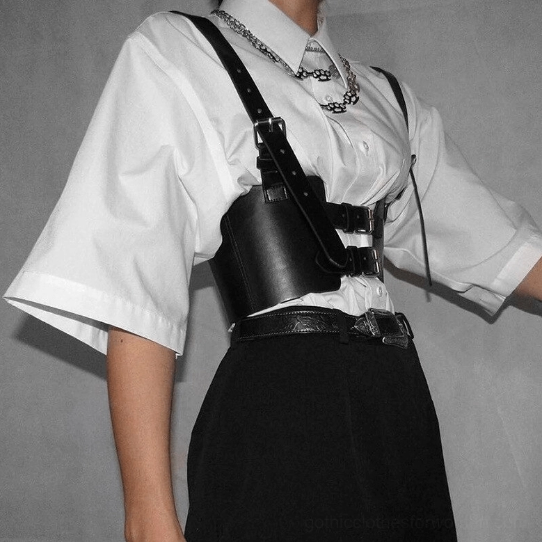 Black leather corset belt product showcase - goth punk style adjustable harness
