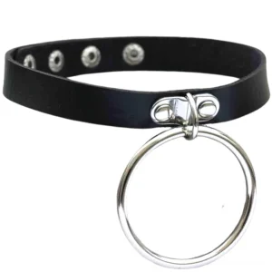 Black leather double-layer gothic padlock choker with silver hardware, front view