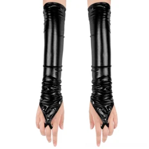 Black elbow-length PU leather fingerless gloves with metal rivets and ruched cuff, front view