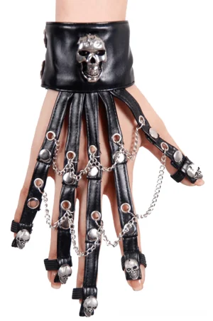 Black leather fingerless glove with silver skull and chain details, front flat lay view on white background