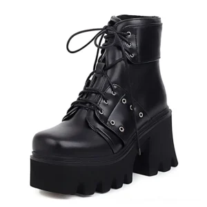 Women's smooth black leather platform combat boots with square toe design, chunky serrated heel, right three-quarter view showing lace-up and zip closure