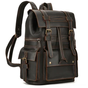 Black genuine leather gothic laptop backpack front three-quarter view vintage design