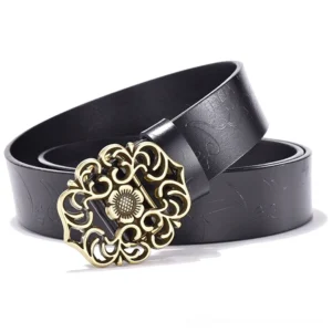 Black vintage genuine leather gothic belt with embossed floral pattern and geometric bronze pin buckle, frontal studio view