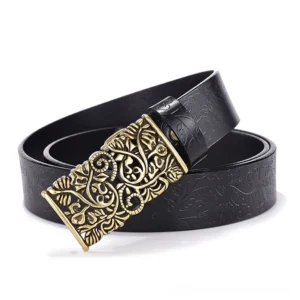 Black genuine leather gothic belt with ornate hollow flower buckle, side view showcasing embossed texture