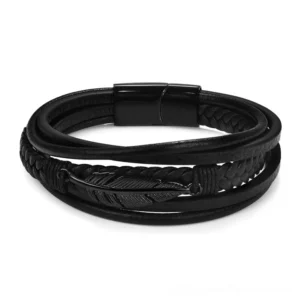 Black genuine leather gothic bracelet with black stainless steel feather charm, front flat display view on white studio background