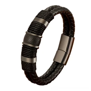 Black genuine leather double-layer gothic bracelet with gun-black stainless steel magnetic clasp, front oblique view