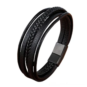 Black multi-strand genuine leather gothic bracelet with matte gunmetal magnetic clasp, side view