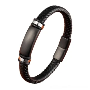 Black genuine leather gothic bracelet with stainless steel magnetic clasp and geometric braided design