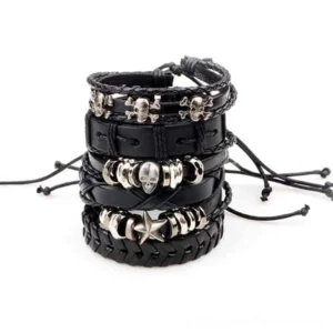 Punk rock leather bracelets with adjustable pull-tie closures and skull ornaments, complete set on black background showcasing layered strap styles