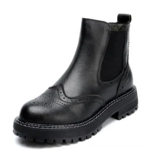 Black genuine leather gothic Chelsea platform boots with brogue detailing - front three-quarter view