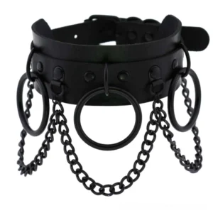 Black PU leather gothic choker with multi-layer chain collar and O-ring hardware detail, front flat lay view