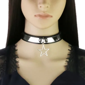 Black PU leather gothic choker necklace with silver star pendant, worn on female model showcasing close-up neck detail