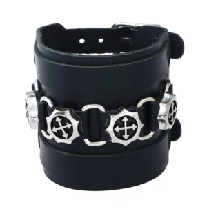 Black wide leather gothic punk cuff bracelet with silver cross decorations, front view on white background