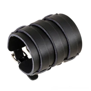 Black genuine leather gothic cuff bracelet with adjustable silver buckles, left oblique view showing multi-strap design and metal hardware