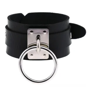 Black leather gothic cuff bracelet with double-layer strap and silver metal ring hardware, flat lay overhead view