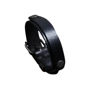 Black genuine leather gothic cuff bracelet with metal buckle and rivet details, adjustable wide band design
