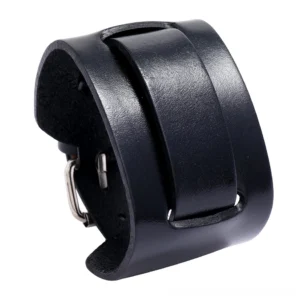 Black genuine leather wide cuff bracelet with adjustable metal buckle, overhead view showcasing polished leather finish and geometric design