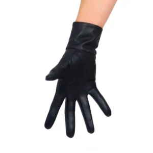 Black leather gothic gloves back hand view displaying smooth leather texture and wrist design without palm cutout