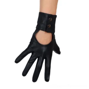 Black genuine leather gothic gloves with palm touchscreen cutout and decorative double-button cuff, front view showing hand positioning