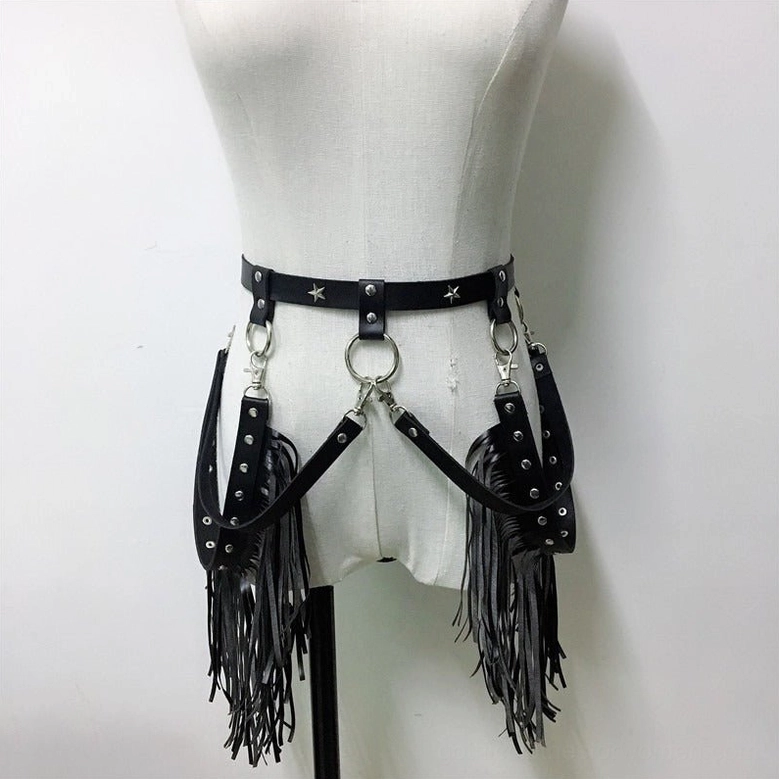 Black leather waist and thigh bondage harness bottom piece with star studded belt, metal D-rings, and adjustable leg tassel straps