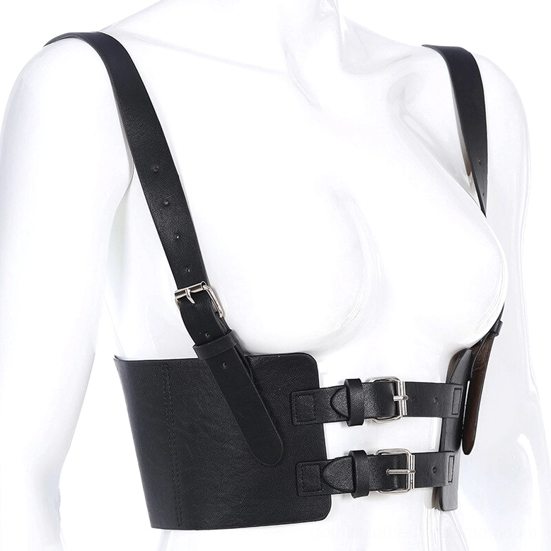 Black leather gothic harness belt three-quarter view - side adjustment straps and smooth texture